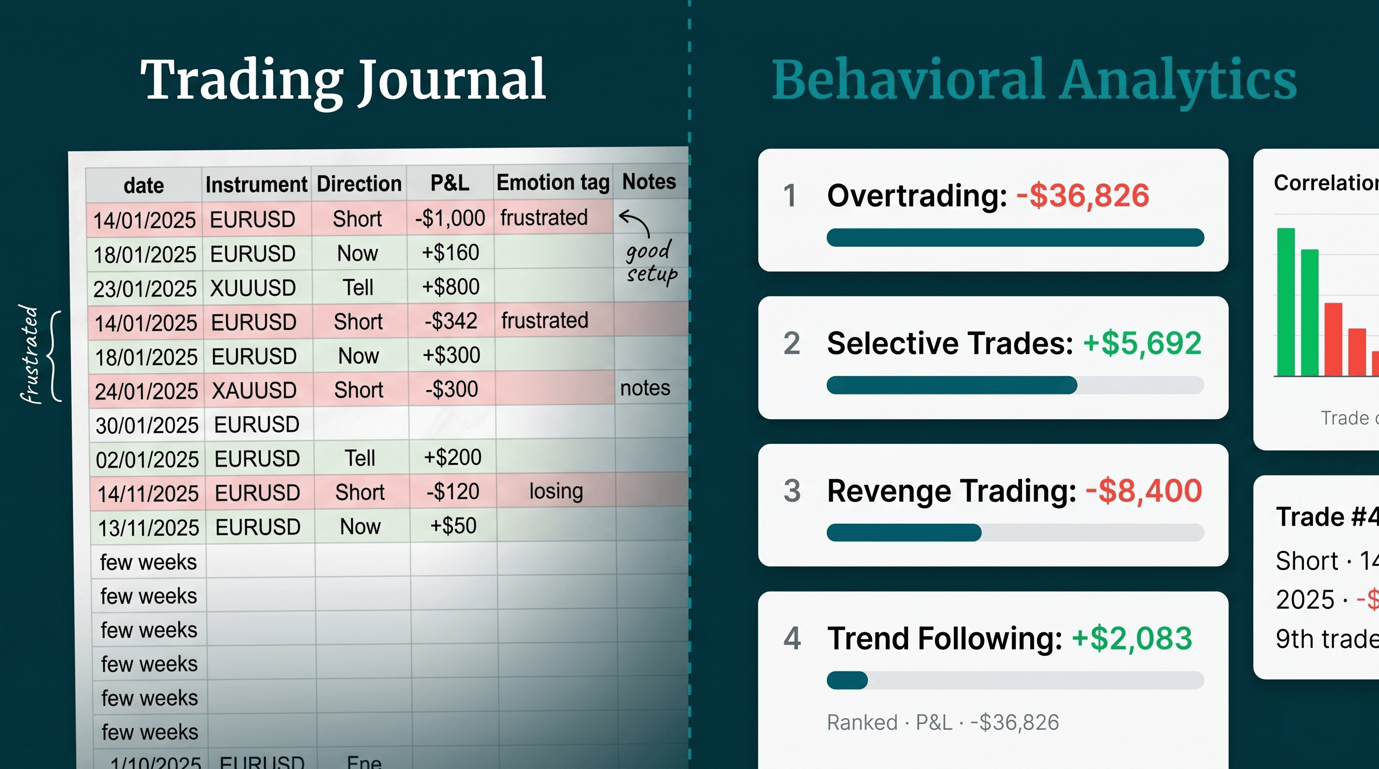 Side-by-side comparison of a messy, incomplete trading journal and TradeMedic behavioral analytics showing dollar-quantified trading patterns.