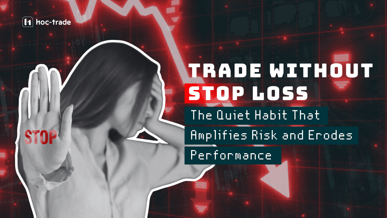 Hoc-Trade branded graphic showing a trader holding up their hand in a stop gesture against a dark background with red candlestick charts and the text Trade Without Stop Loss — The Quiet Habit That Amplifies Risk and Erodes Performance