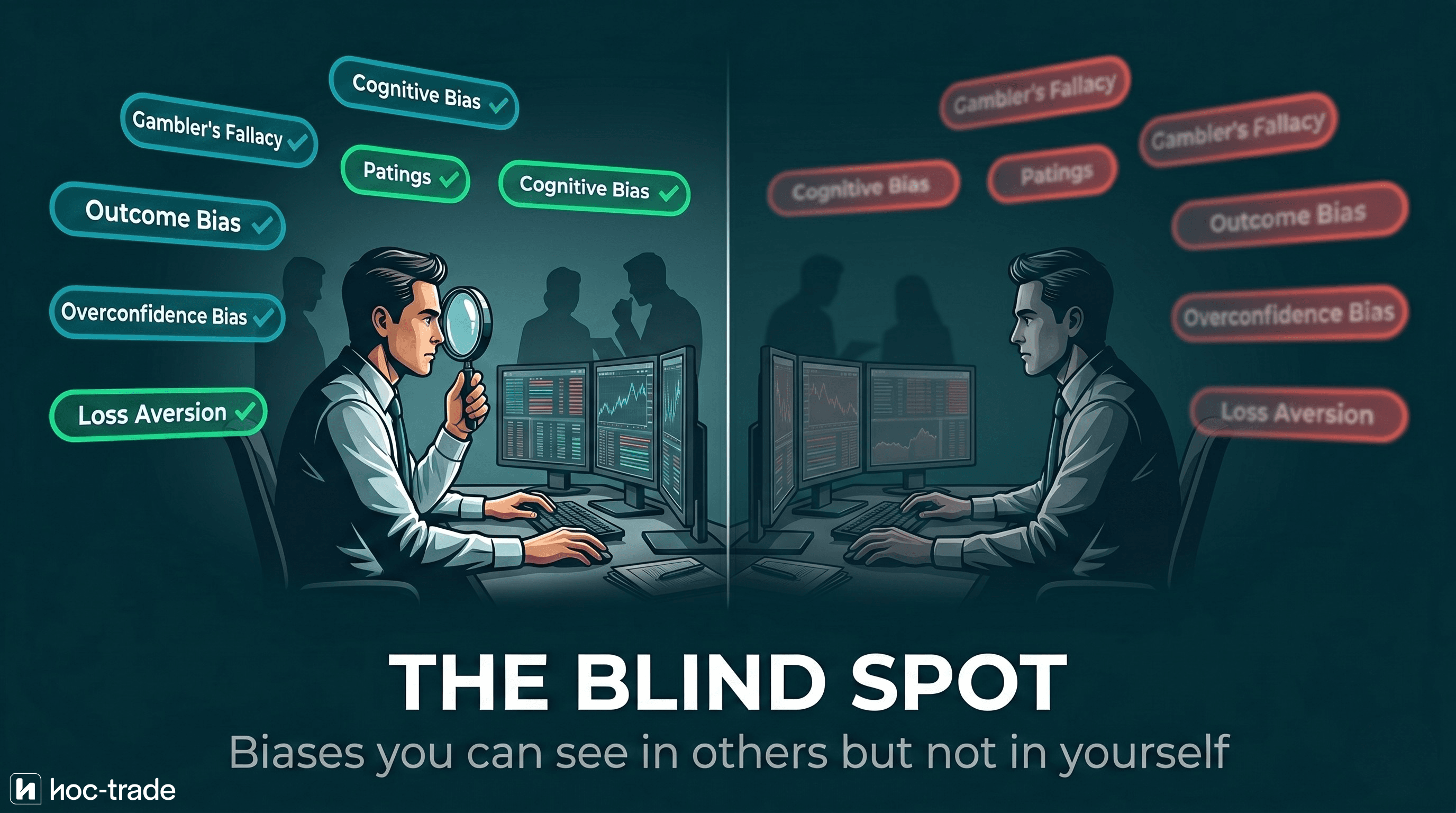 Illustration showing a trader who can clearly identify cognitive biases in other traders but remains blind to the same biases in their own decision-making