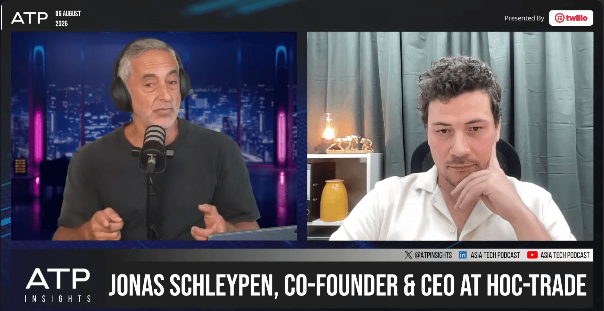 Split-screen video still from the ATP Insights podcast showing hoc-trade CEO Jonas Schleypen in conversation with host Michael Waitze about behavioural trading analytics. Source: Asia Tech Podcast.